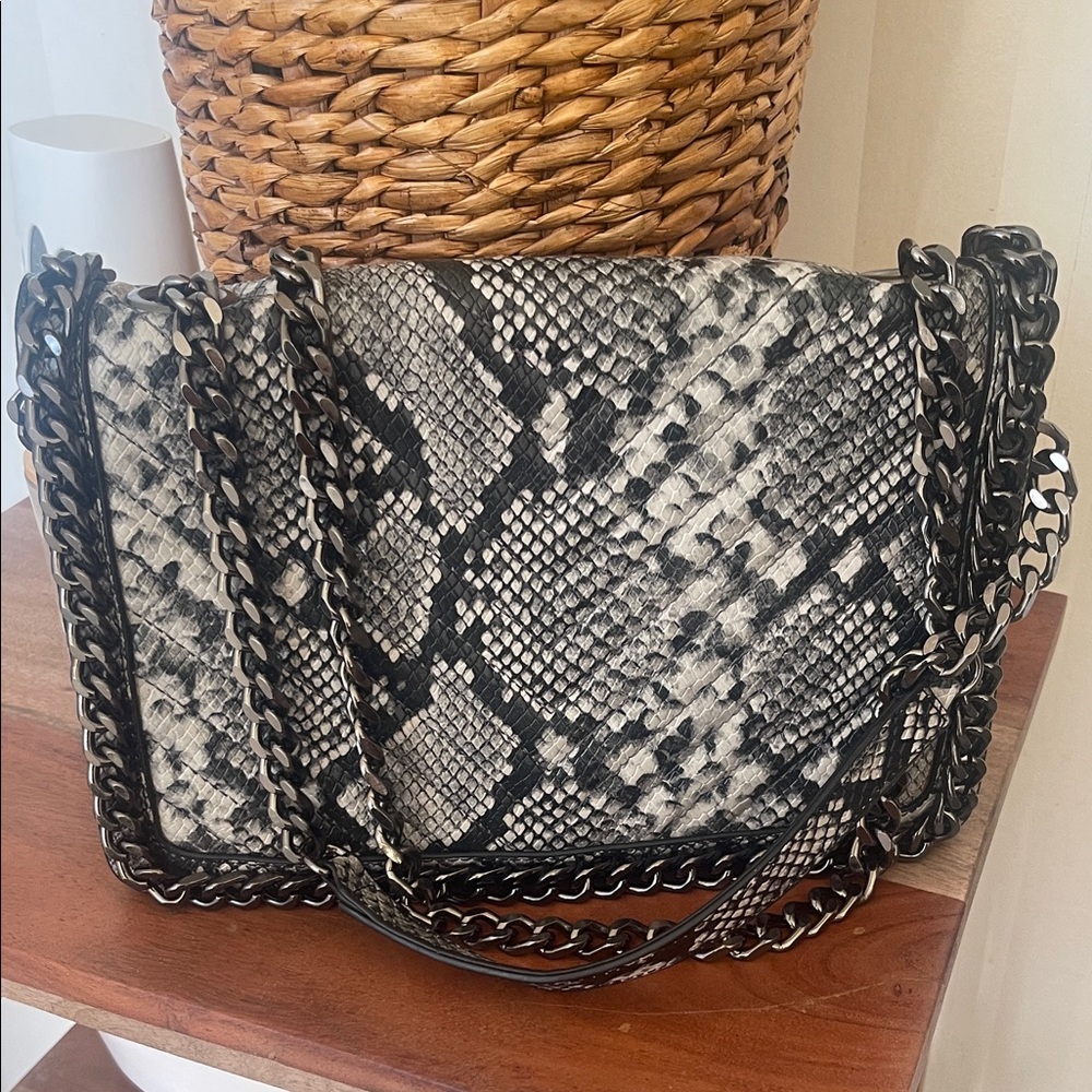 Aldo Black & White Snake-Print Chain Shoulder Bag